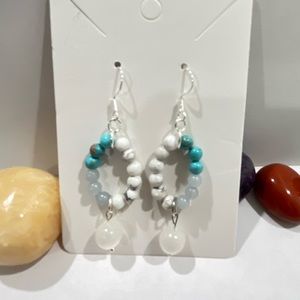 Silver Turquoise Semi-precious Stone Bead Dangle Hook Earrings